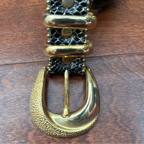 Simons Black Snakeskin Pattern, Gold Glitter Leather Belt, Gold Buckle Size XS/S - Picture 16 of 16